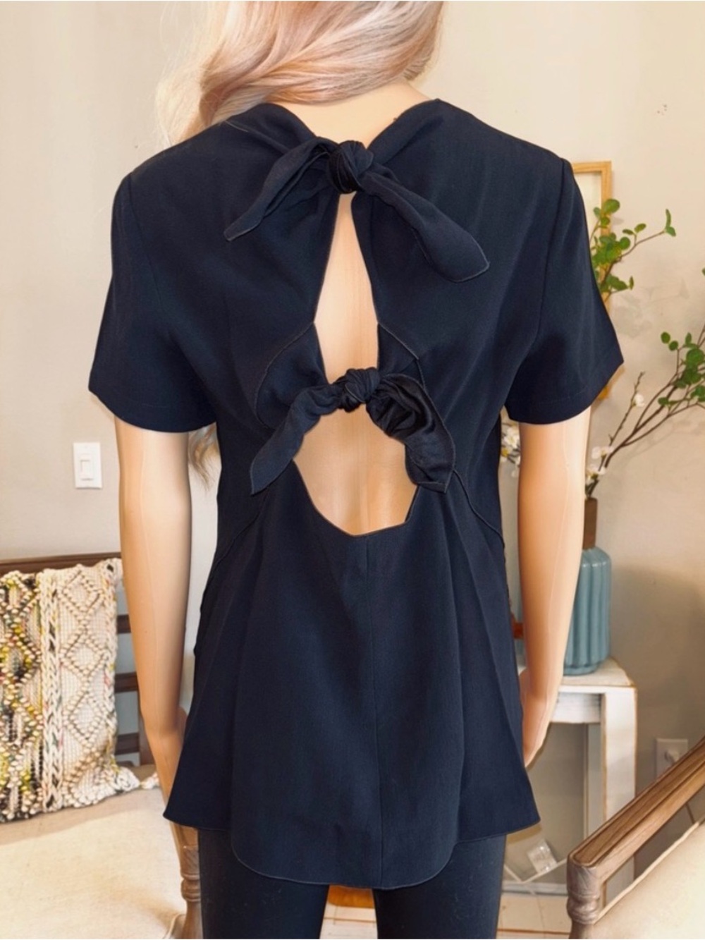 Proenza Schouler Black Open Back Double Tie Blouse Top Size 4